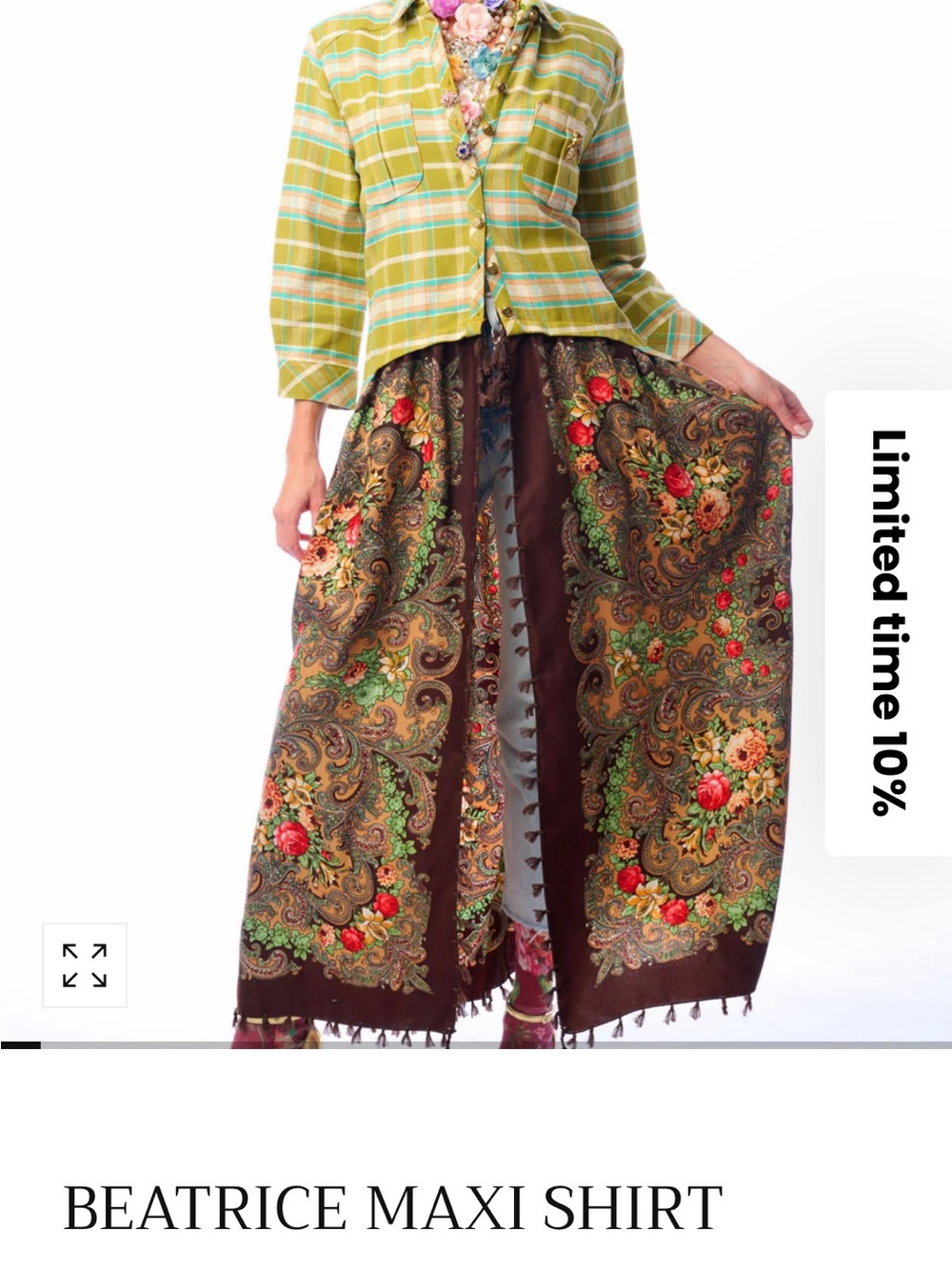 NWT Aratta Silent Journey Beatrice Maxi Shirt- Floral and Plaid - Picture 11 of 16